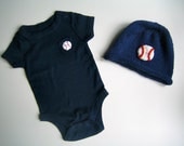 Baby Boy BASEBALL Gift Set with Knit Hat and Navy Onesie Handknit Crochet Applique Baby Shower Gift Under 40 Dollars