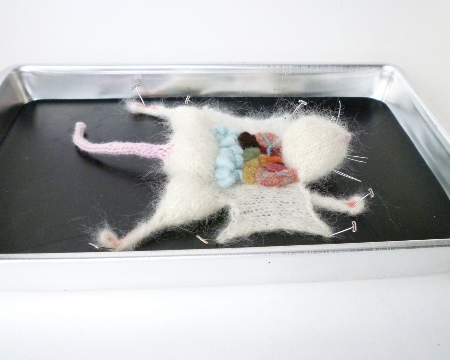 Knitted Lab Rat in an actual dissection tray