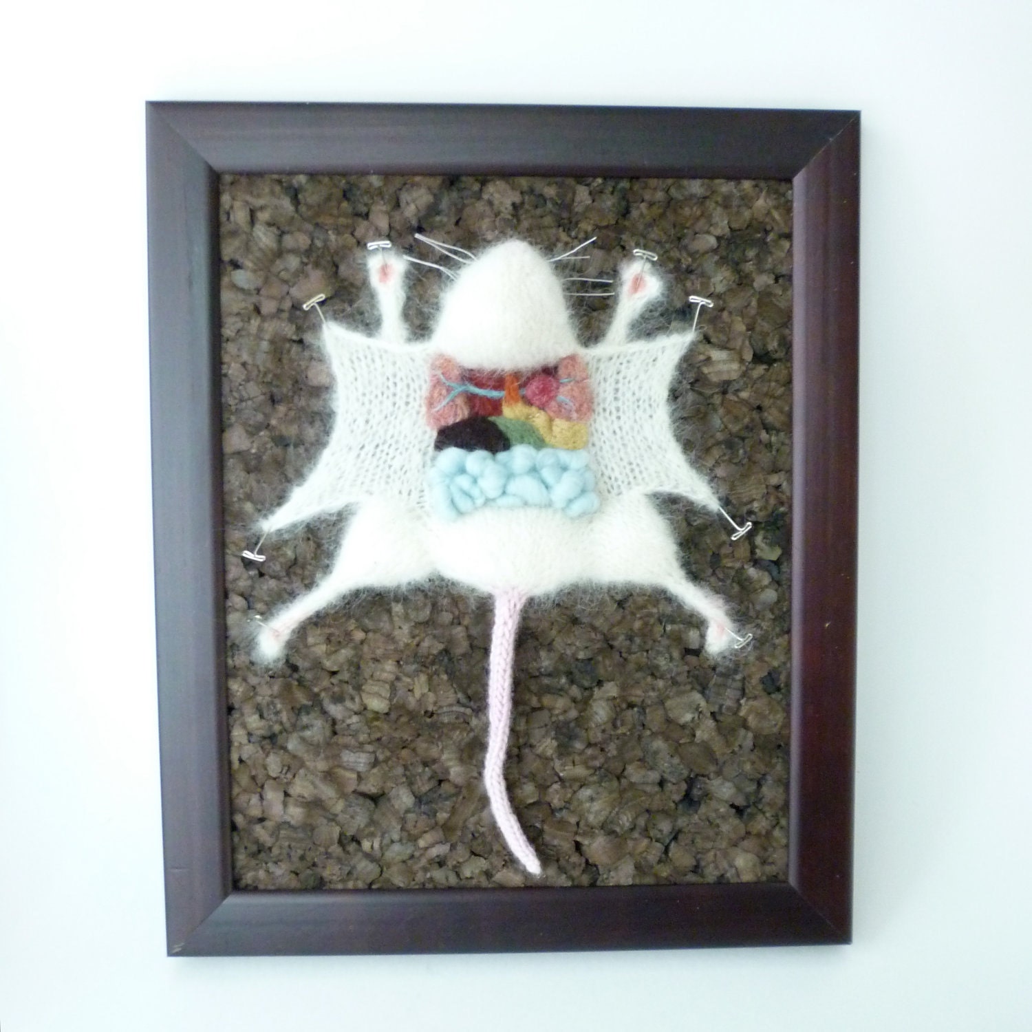 Knitted Lab Rat, dark cork background