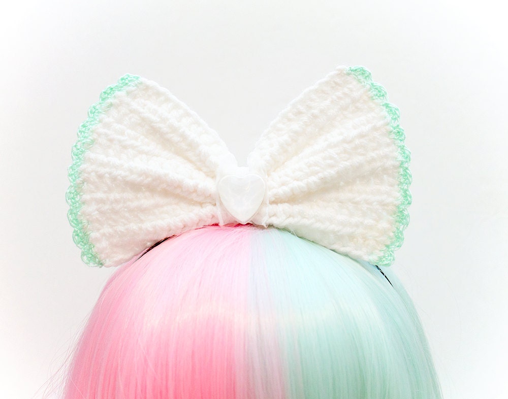 HUGE White With Mint Crocheted Hair Bow Headband