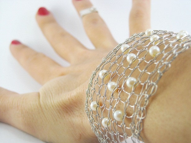 Crocheted Beaded Bracelet "Dream with Pearls" Wire with Mother of the Pearl button bridesmaids gift Ready to Ship FREE SHIPPING WORLDWIDE