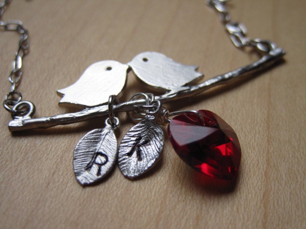 A Couple Birds in love personalized with initials and Swarovski Red Heart Crystal - - Silver or Gold Necklace, Valentine's Day Gift