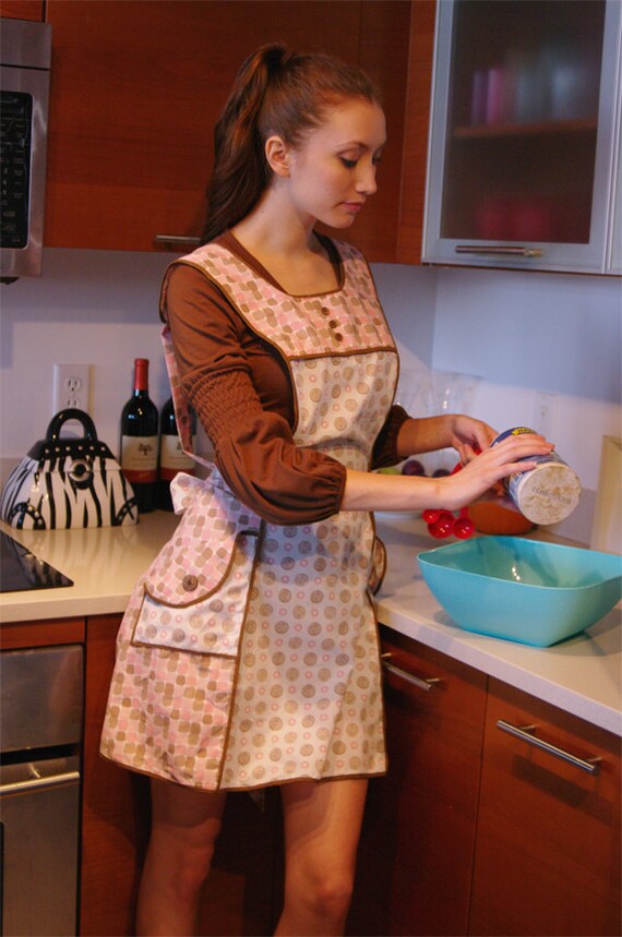Vintage Inspired Full Apron Upcycled From Pink & Brown Geometric Print Pillowcases - Ready To Ship
