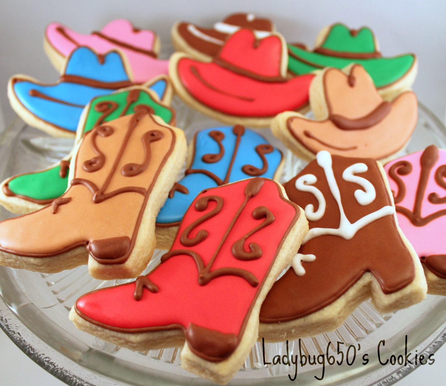 12 Cowboy boot and hat cookies, handmade & iced