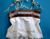 Petticoat Camisole Tank Victorian Top / White Brown Teal Lace Cotton Velvet / Large - Tish Souvenir Top