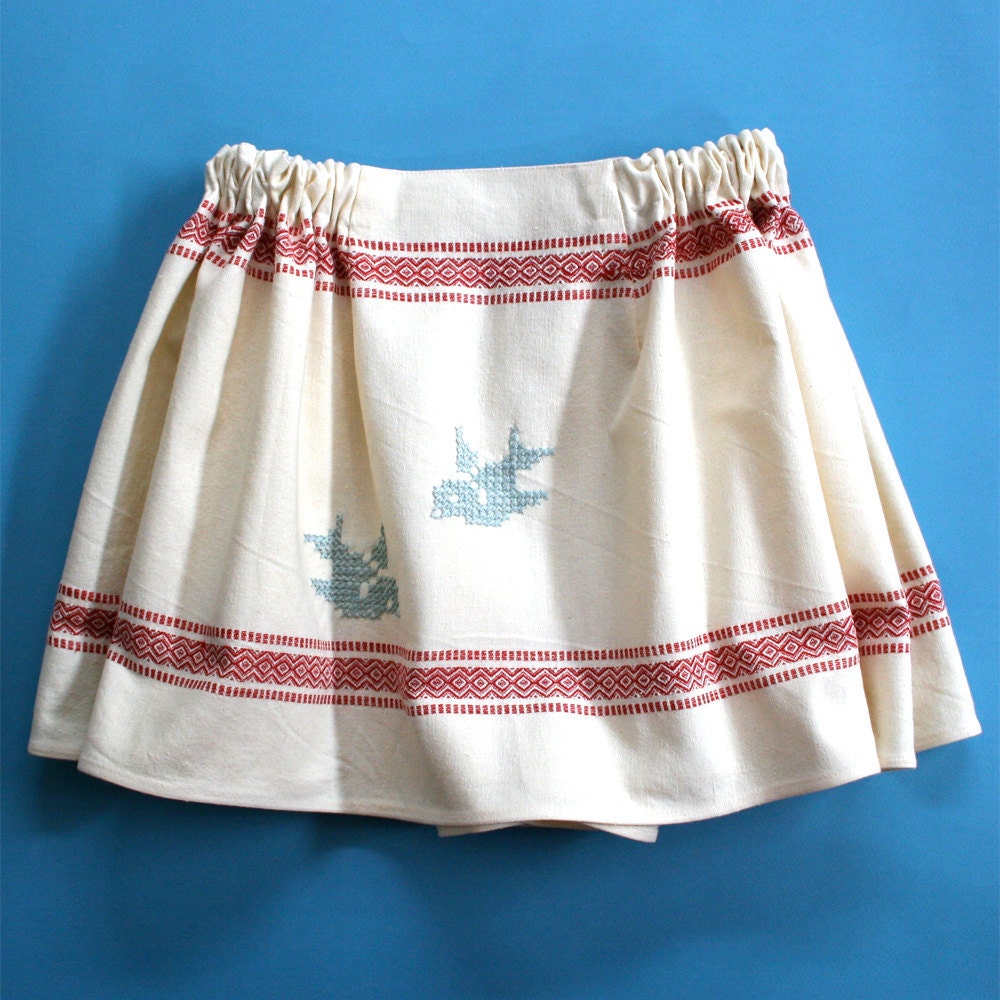 Victorian Cotton Petticoat Skirt / Cream Red Aquamarine Cotton Embroidery / Large - Birdie Souvenir Skirt