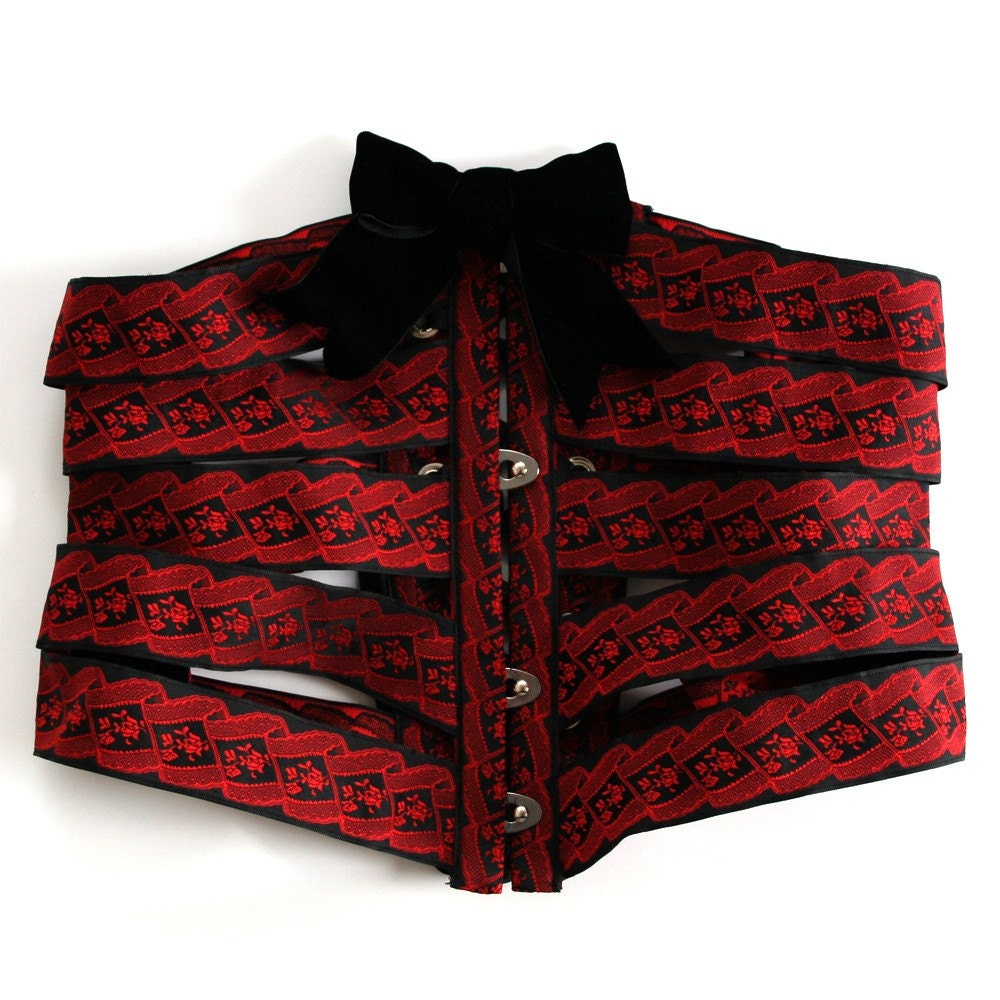 Belt Cincher Corset Ribbon / Red Black Silver Brocade / Medium - Beatrice Ribbon Corset