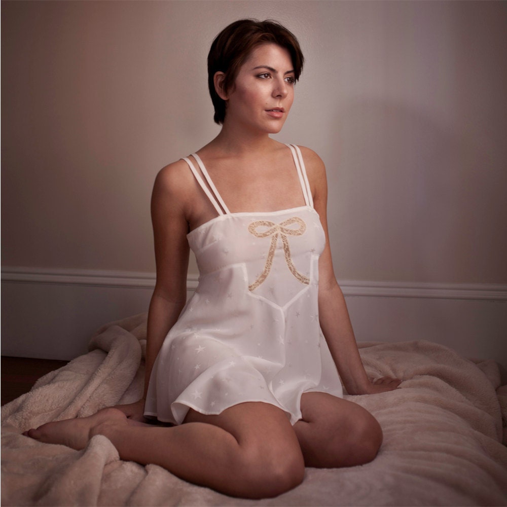 Lingerie Silk Lace Nightie Dress Chemise / Cream White Star Bow Jacquard Vintage / Small - Stella Moonshine Chemise