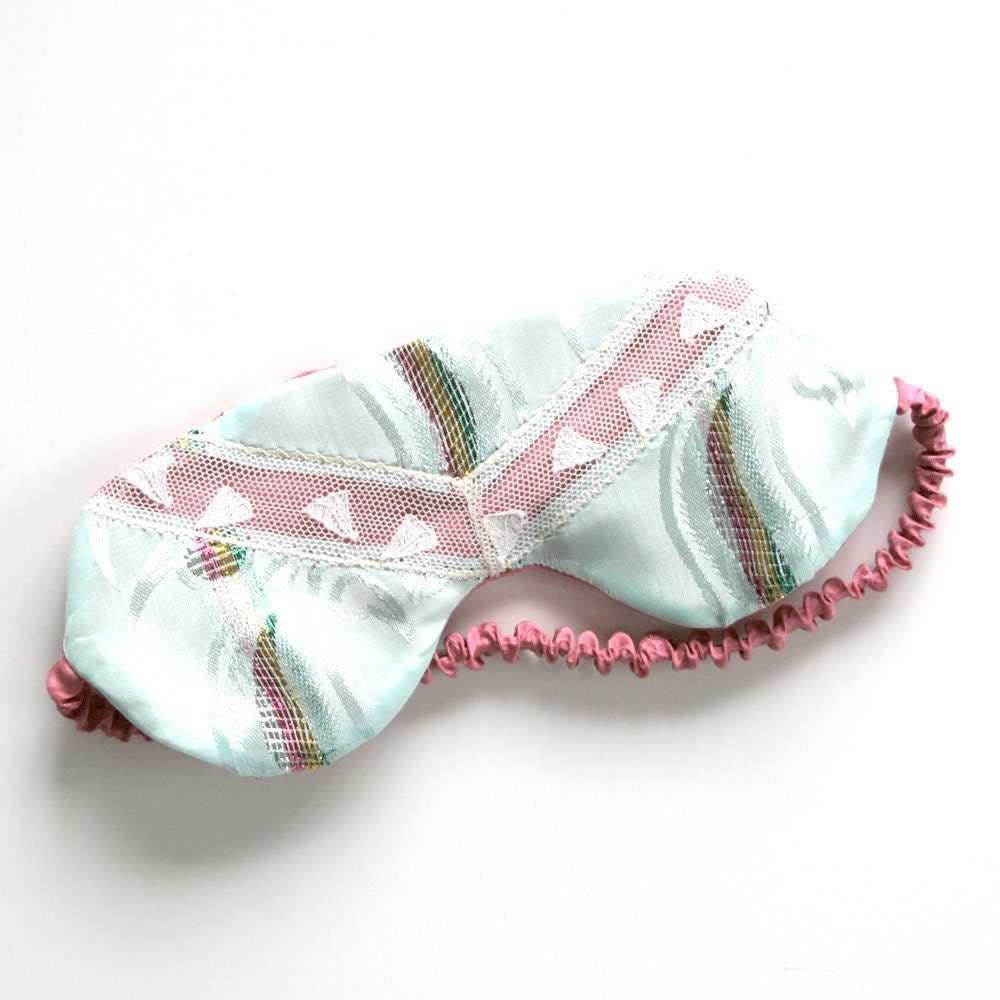 Sleep Mask Eyemask Lingerie / Aquamarine Rainbow Pink Vintage Jacquard - Anya Private Eye Sleep Mask