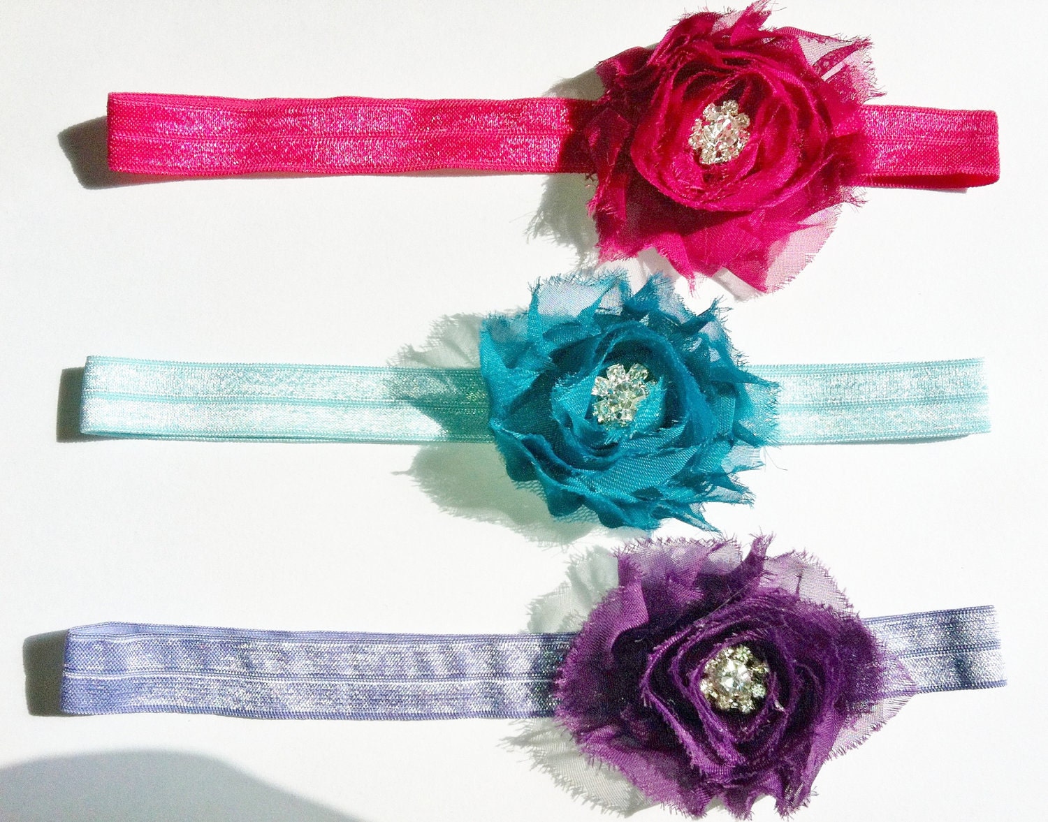 Baby Headbands -set of 3- shabby flower headbands with rhinestone center.
