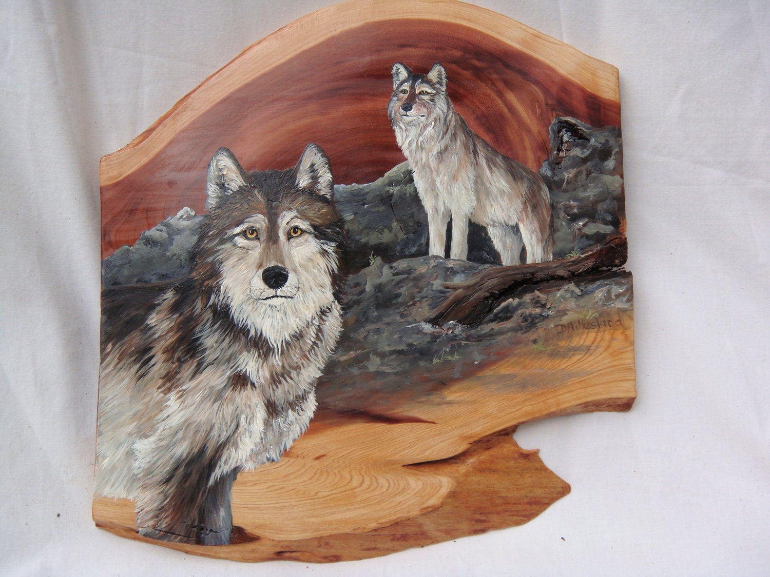 Reserved for Lori-Watching -original acrylic  painting of wolfs  on cedar