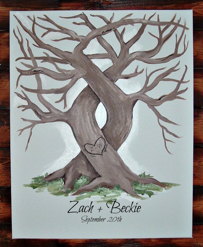 Wedding Tree Fingerprint Guestbook Alternative (Medium/Large, up to 160 Guests) 16 x 20 Painted Trees-in-Love on Canvas