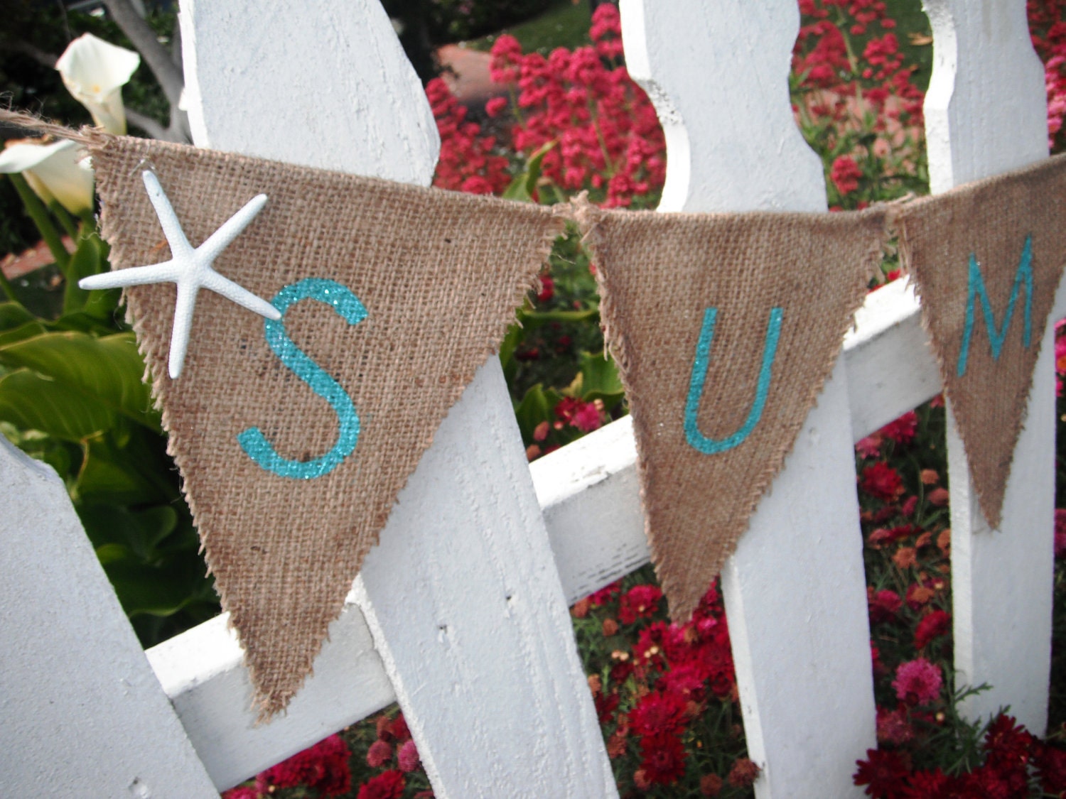Summer Burlap Banner REVERSIBLE, Fourth of July - Summer Party Decorations, Starfish
