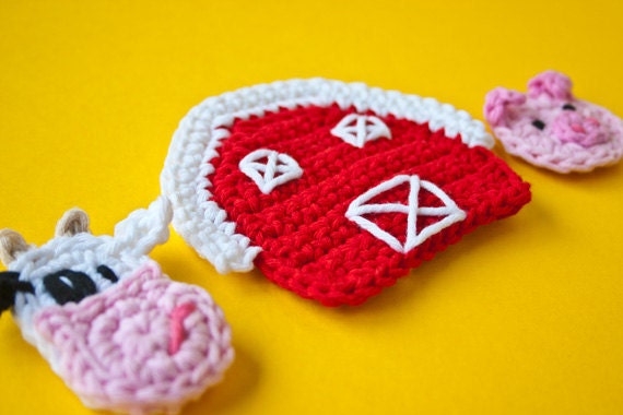 Instant Download - PDF Crochet Pattern - Cow, Pig and Farm Applique - Text instructions and SYMBOL CHART instructions