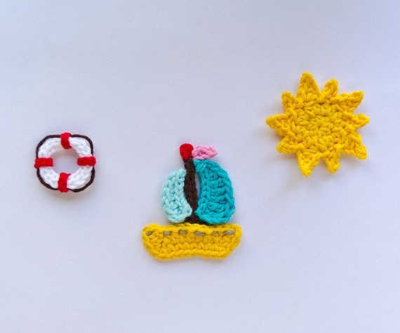 Instant Download - PDF Crochet Pattern - Sailboat, Life Preserver and Sun Applique - Text instructions and SYMBOL CHART instructions