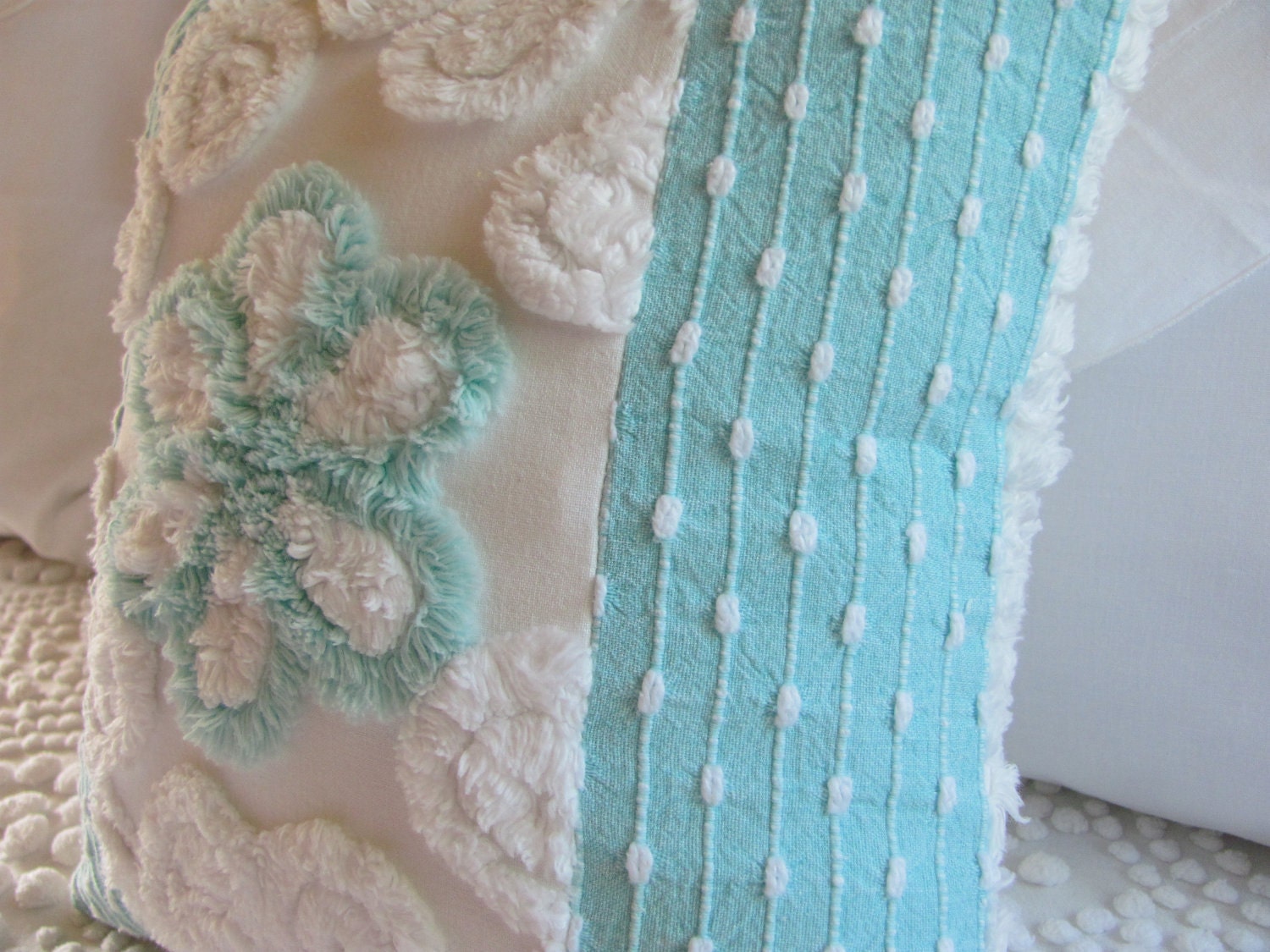 AQUA ROSE vintage chenille pillow cover