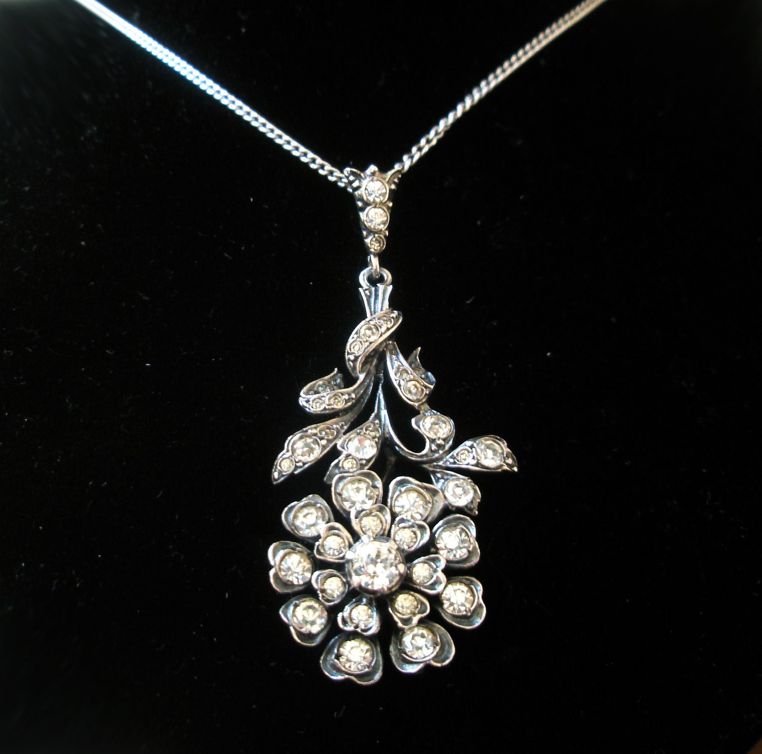 Old Vintage Silver and paste stone necklace Flower spray