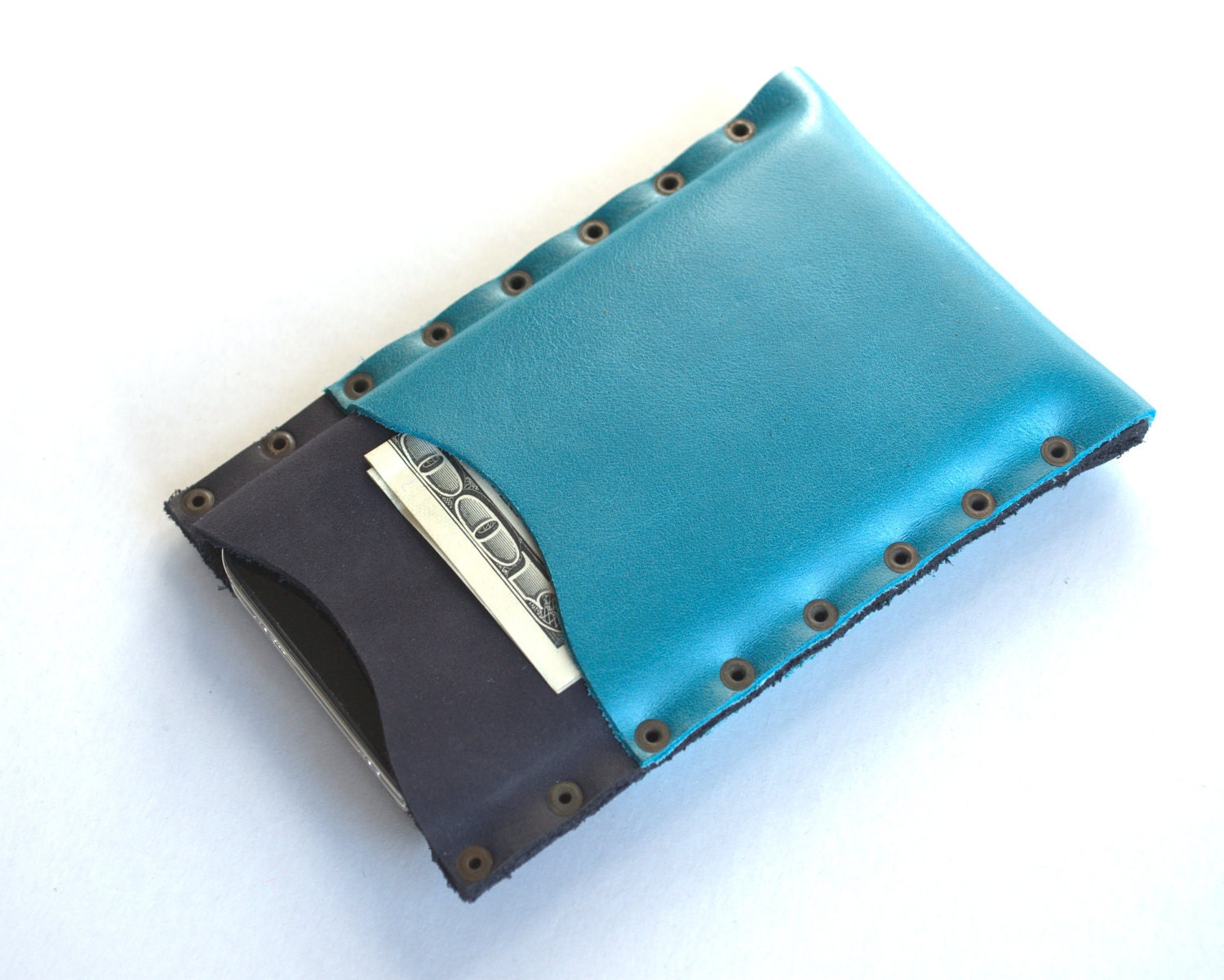 iPhone 4 and 4S case sleeve rivets cover turquoise color leather cover