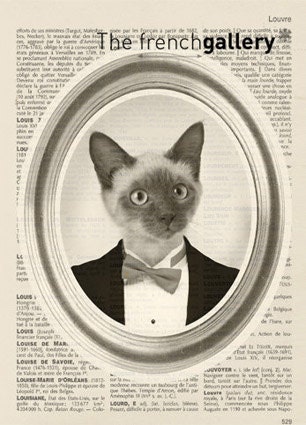 Cat Portrait in Tuxedo Print  - mister cat in suit portrait collage 8x10 french dictionary book - cat poster - Art Print