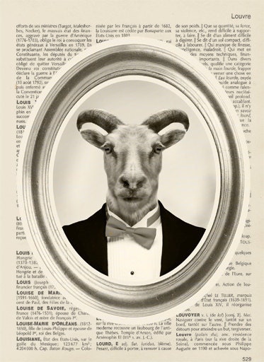 Billy Goat in Tuxedo Print - farm animals poster collage 8x10 french dictionary book  - Art Print