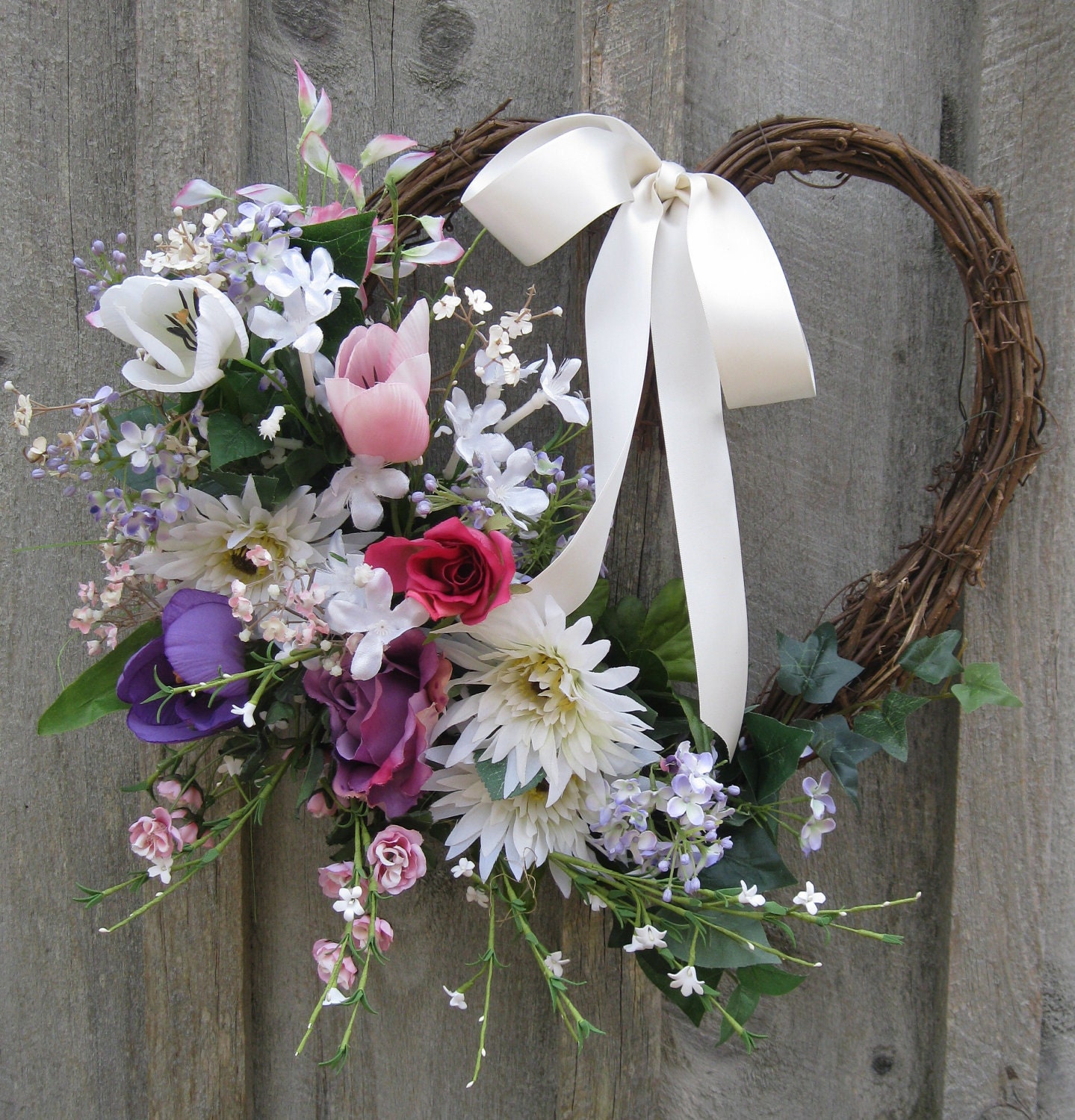 Floral Wreath, Heart Wreath, Cottage Chic, Summer Wreath, Wedding Decor, Mother's Day Gift