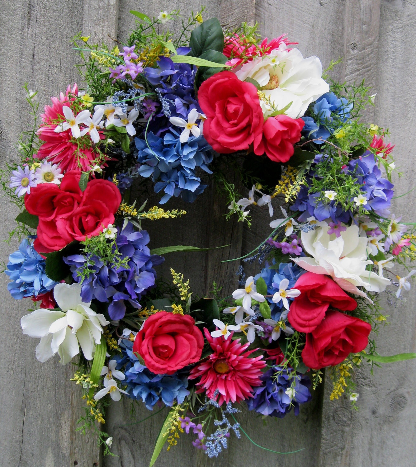 Summer Wreath, Hydrangea Wreath, Fourth of July, Patriotic, Wedding, Floral Garden Wreath