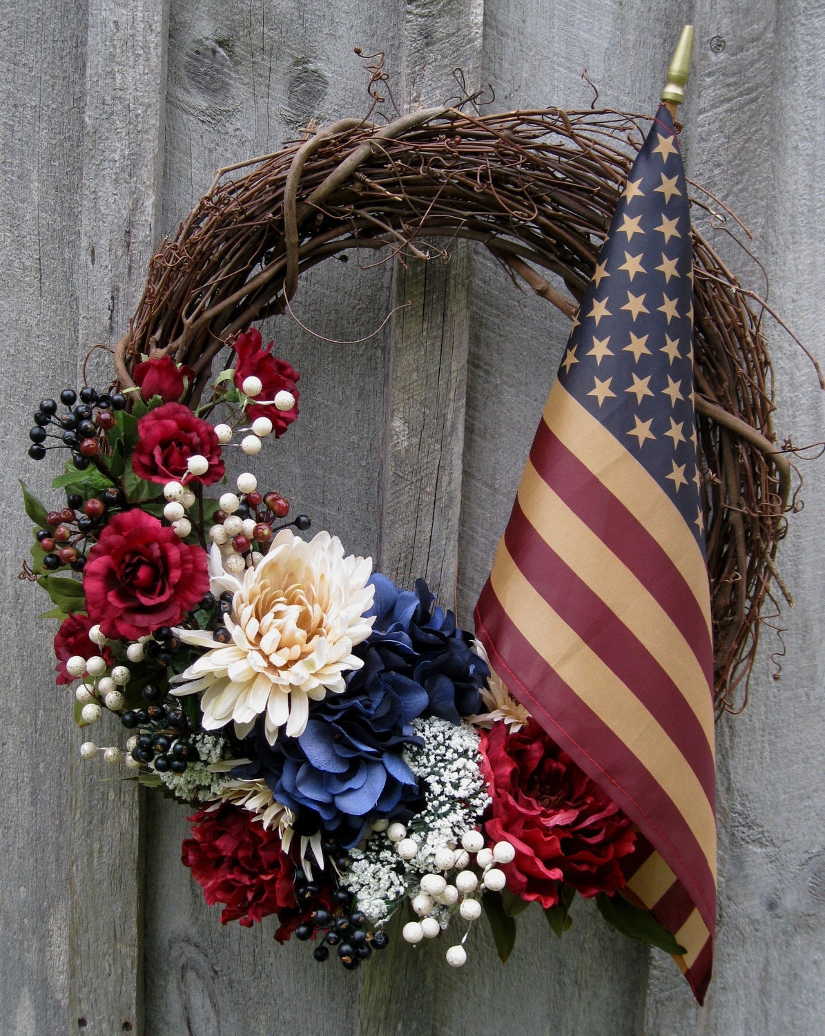 Americana Wreath, Patriotic Door Wreath, Hydrangea, Mums, Tea Stained Flag