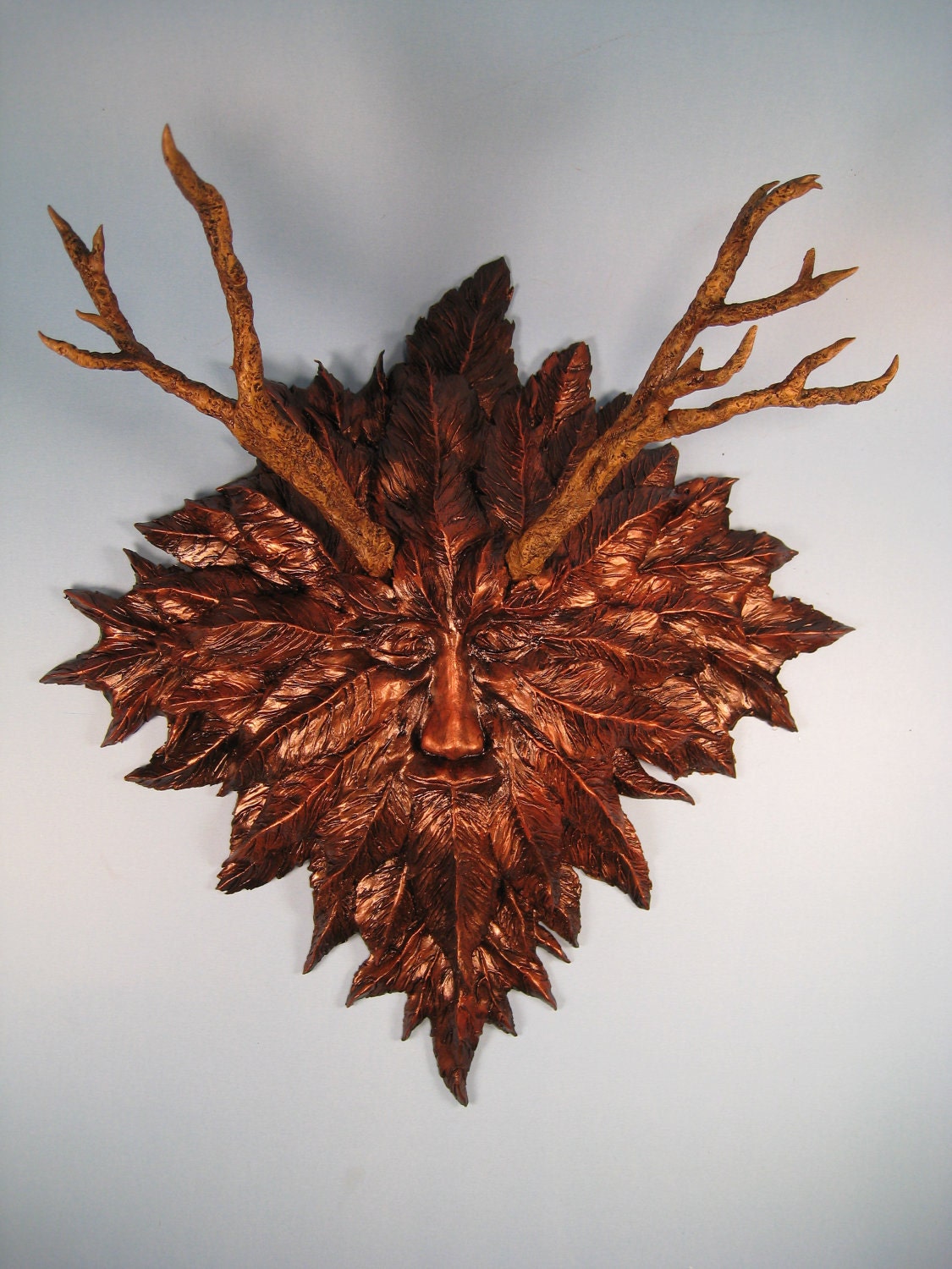 Sleeping Green Man decorative mask wall hanging Faux Antiqued Copper Finish