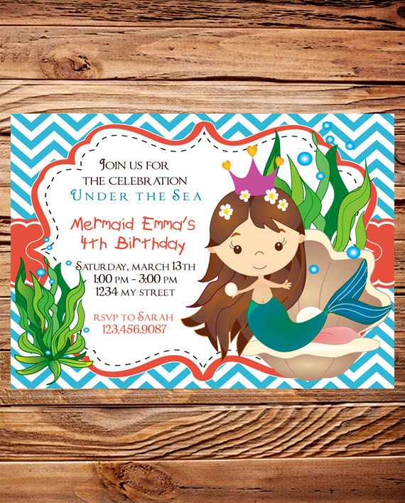Mermaid Birthday Party Invitation, GIRL, Little Mermaid Birthday Party, Blue, Coral, Chevron Stripes, Printable, Digital (Item4005)