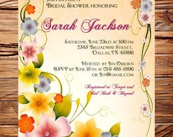 Floral Border Bridal shower Invitation, Wedding Shower Invitation,  Spring or Summer Floral Invite,  digital, printable (6006)