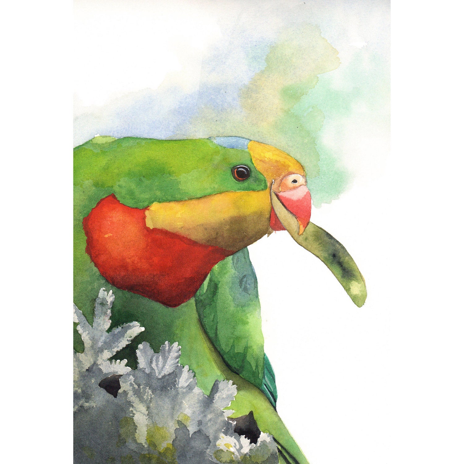 Parrot Painting - green wildlife nature art - Print of watercolor painting 5 by 7 print