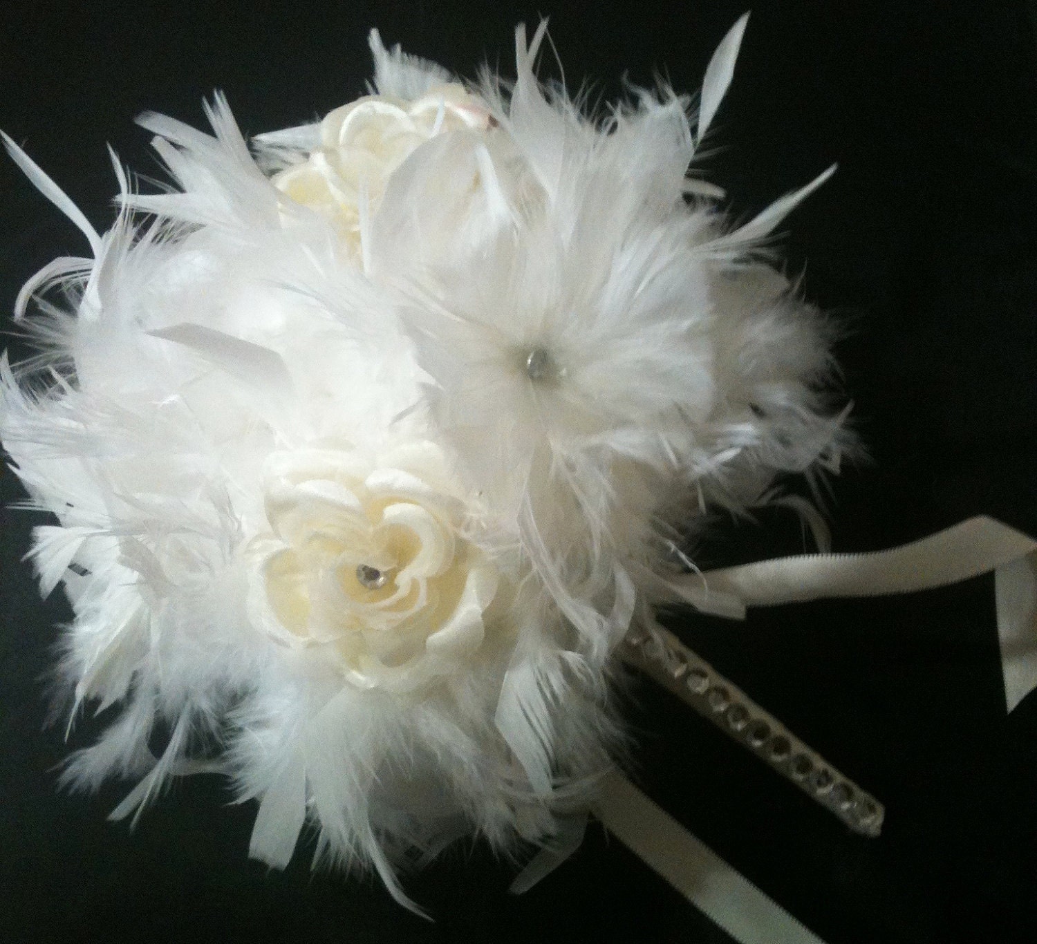 IVORY BLING Crystal Feather & Flower Bridesmaid Bouquet - White Feathers Bride Maid or Toss Wedding Bouquets Rose Custom Colors