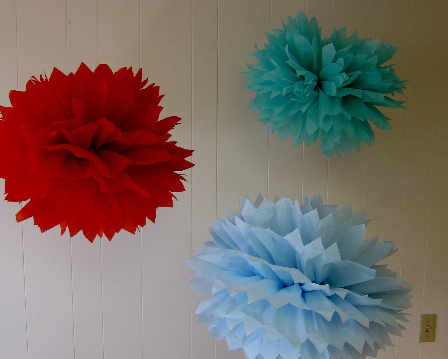 Joy Collection- 3 Pom Poms- baby shower hanging decorations/ wedding shower/ getaway car decoration/ craft show booth decoration/ Dr. Seuss