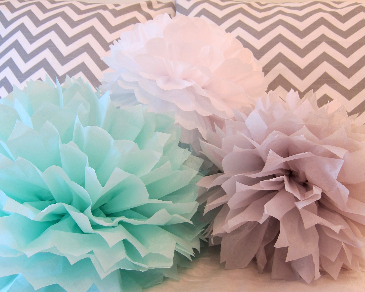 Sawyer Collection - 5 Pom poms- Craft show booth decoration/ baby shower hanging decoraiton/ nursery mobile/ party decoration