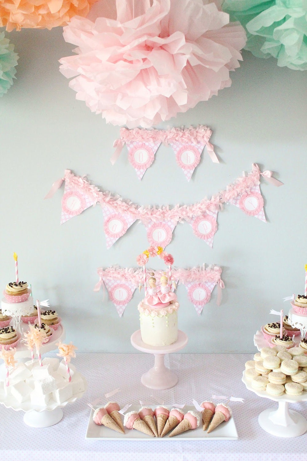 Maggie Collection- 5 Pom Poms- baby girl shower hanging decorations/ wedding shower/ getaway car decoration/ vintage party decorations