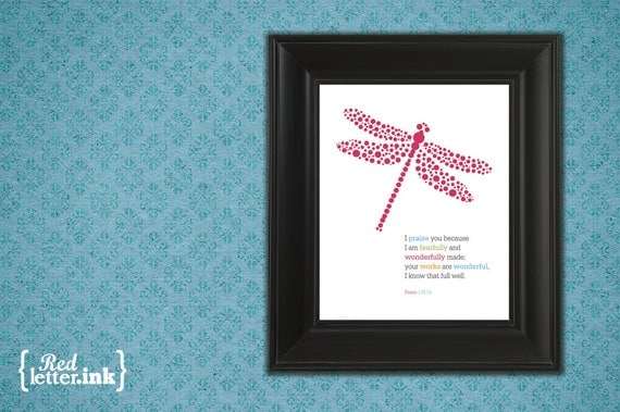 Girl Wall Print (multicolor text with dragonfly embellishment) Psalm 139:14 - 8 x 10 Print