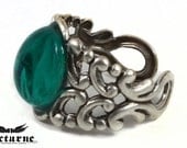 Gothic Ring with Emerald Green Stone - Silver Plated Adjustable Ring - Victorian Gothic Jewelry