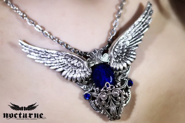 Gothic Necklace with Angel Wings with Blue Gem Stone - Victorian Gothic Jewelry