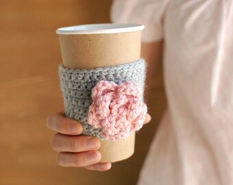Gray coffee cozy cup/sleeve with pink rose by The Cozy Project