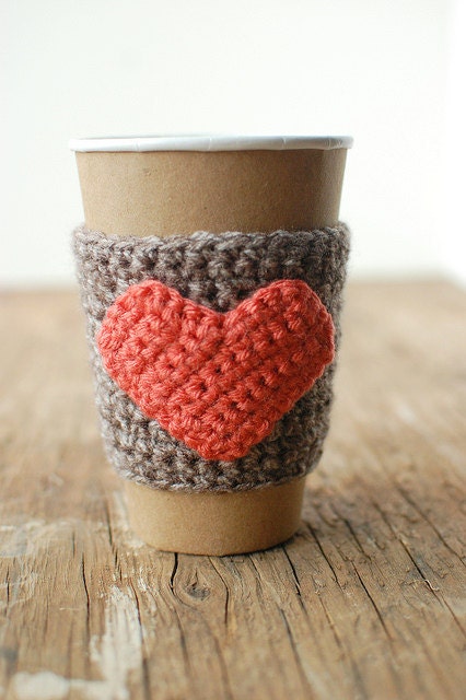 Natural coffee cup cozy with pumpkin colored heart by The Cozy Project