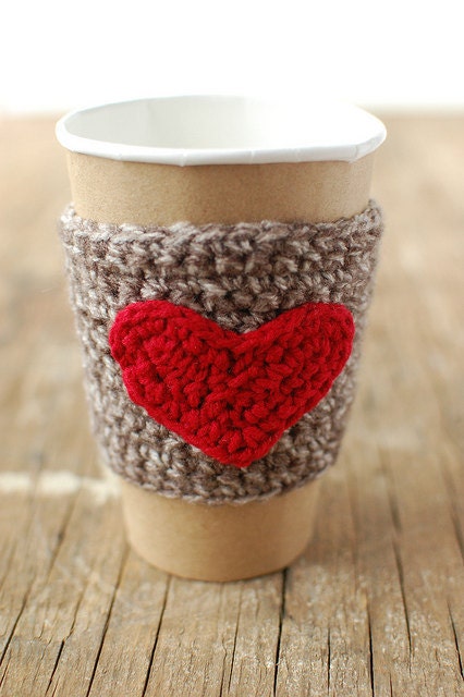 Coffee Cup cozy with red heart by The Cozy Project