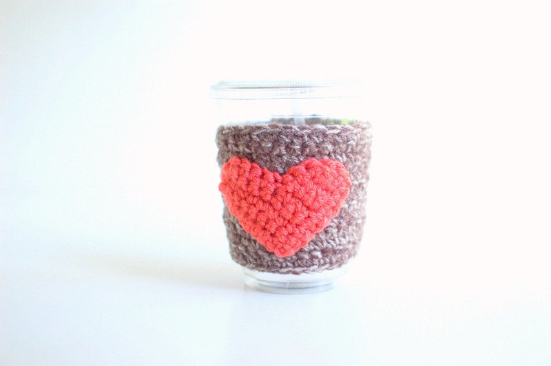 Natural coffee cup cozy with pumpkin colored heart by The Cozy Project