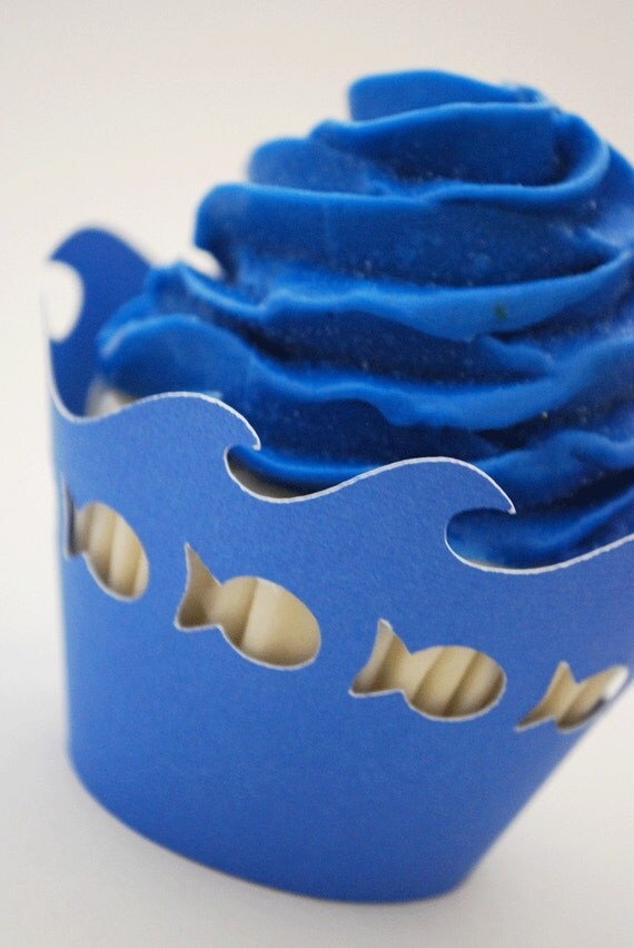 Fish and Ocean Wave Cupcake Wrappers In Your Choice of Color Qty 12 By Your Little Cupcake