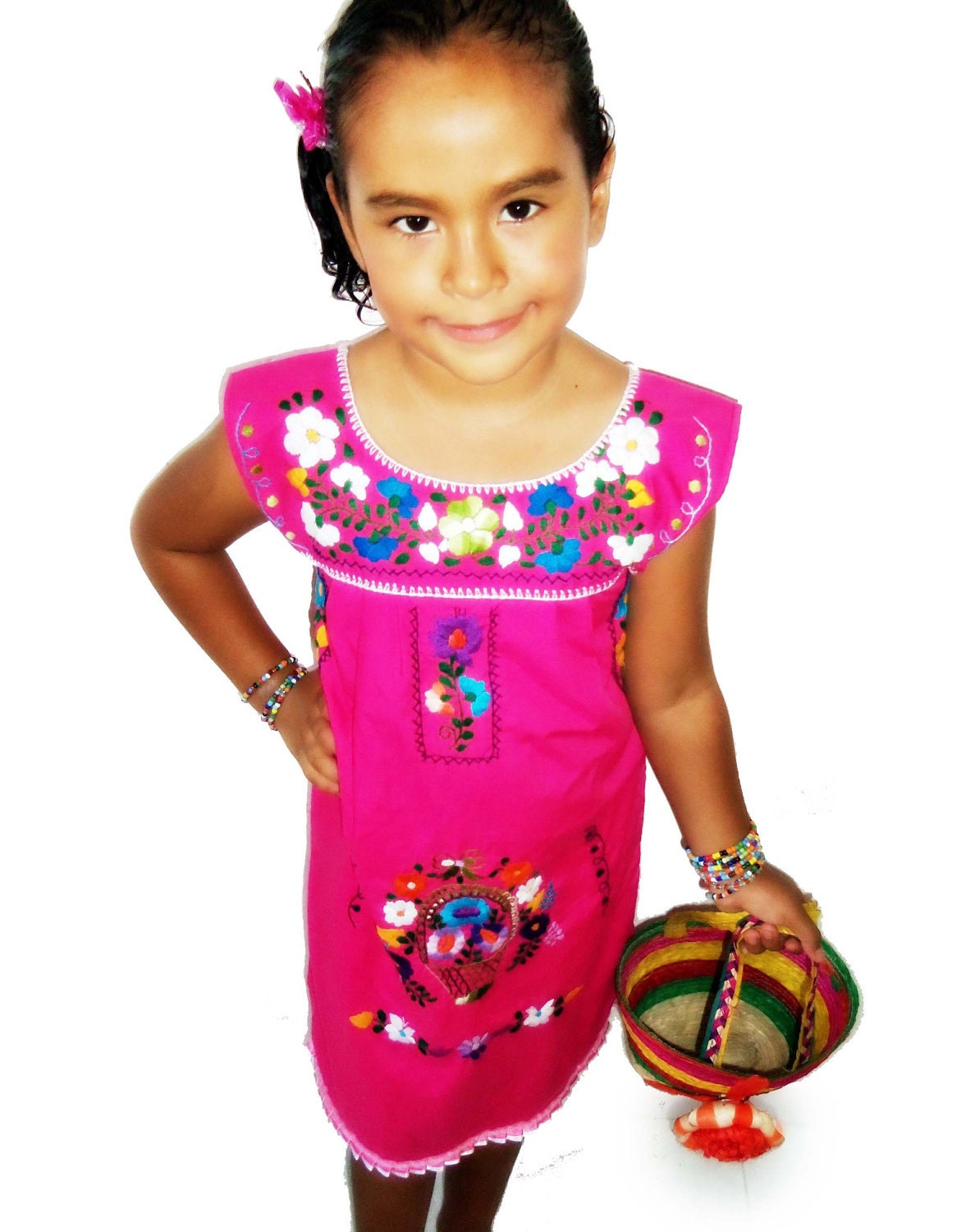 Algodon de Azucar Ethnic Handmade Embroidered Mexican Pink Children Tunic  Dress