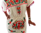 Adeliza Handmade Mexican Embroidered Pom pom  and Pure Cotton dress 1960 style