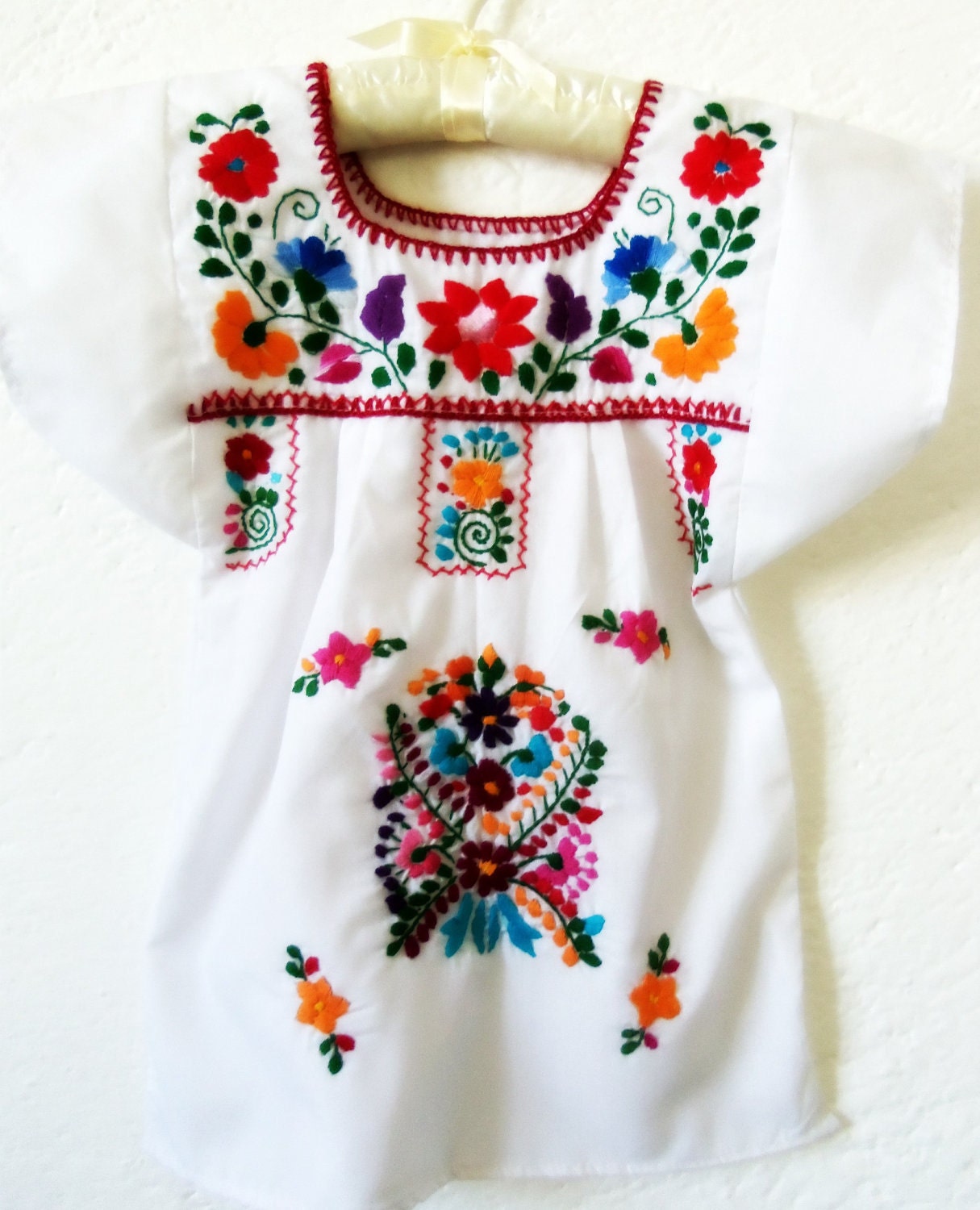 Florecitas del campo Handmade Embroidered Mexican Children White Tunic Dress