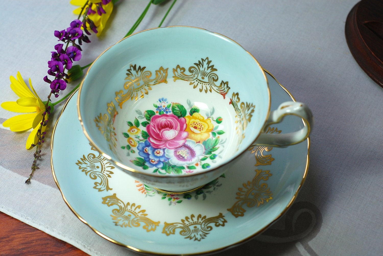 Saucer, cup Grosvenor  tea Light  Vintage Gilt  Tea Blue, Floral light Cup and vintage and