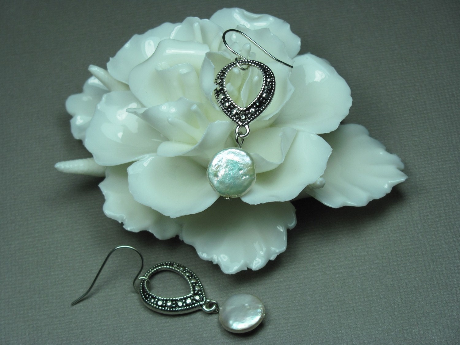 Marcasite Earrings Wedding Earrings Bridesmaid Earrings Coin Pearl Earrings Faux Marcasite Jewelry