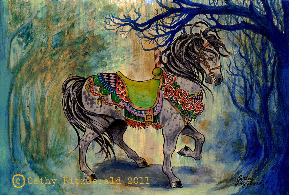 A4 Carousel Circus Horse Merry go Round in Forest - A4 Cardstock Art Print