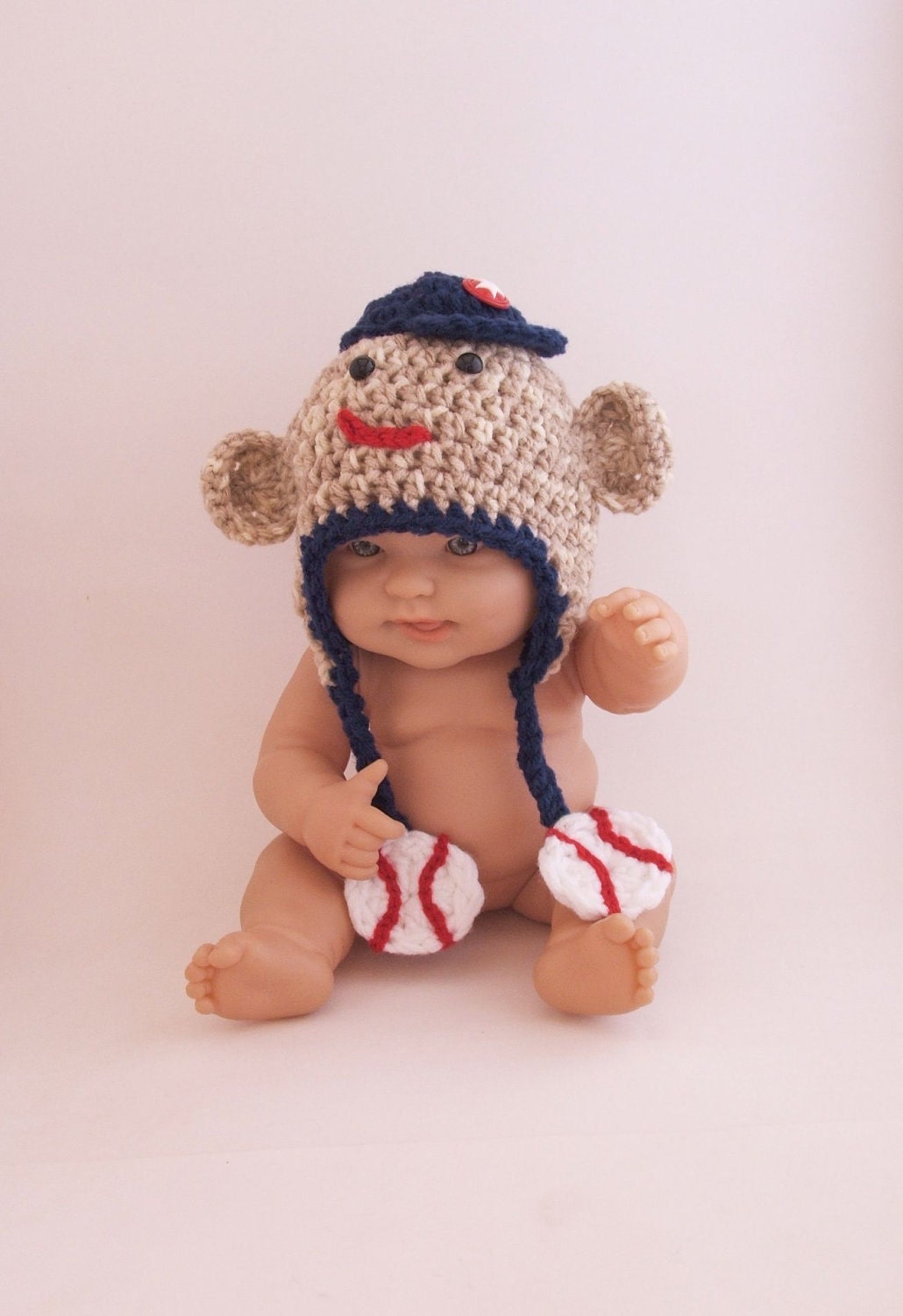 Sock Monkey Hat with Baseball Theme - Newborn - 3 months